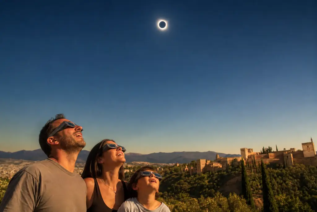 Familia con gafas eclipse solar homologadas mirando el eclipse solar de agosto de 2026 en España
